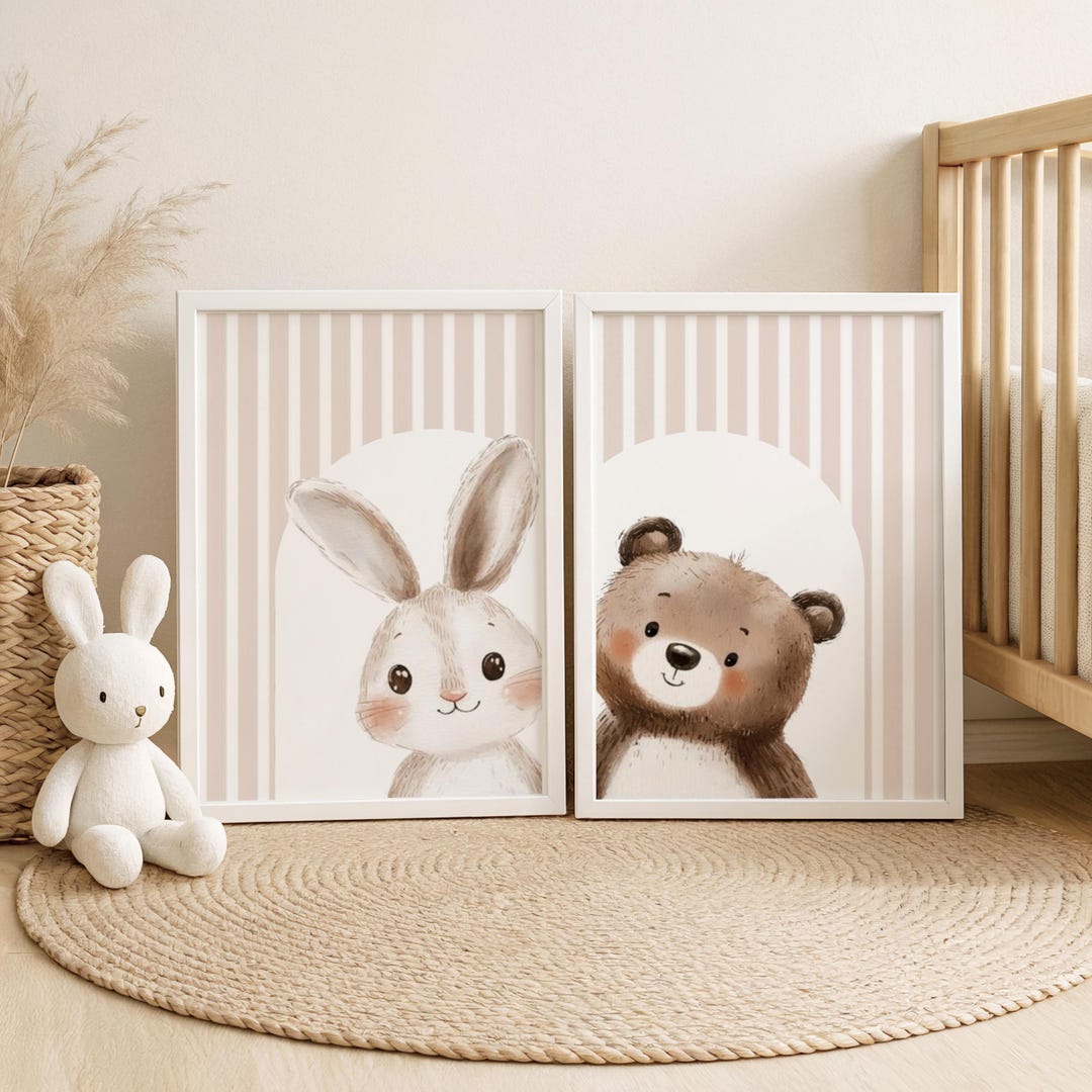 Bunny and Bear Nursery Wall Art Set of 2, Striped Baby Room Prints ...