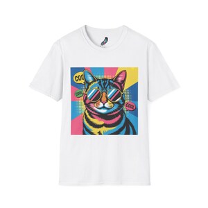 Pop Art Cool Cat Unisex Softstyle T-Shirt, Colorful Bright Cat Wearing Sunglasses, Fun Cat Tee, Cat Lover Gift, Cool Cat