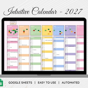 May include: A laptop screen displaying the Intuitive Calendar 2027, a digital planner with color-coded monthly grids and vertical daily schedules. The interface includes a dropdown menu for start days and features various text entries for appointments.