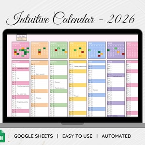 Puede incluir: Una pantalla de portátil muestra un calendario colorido de 2026 titulado "Intuitive Calendar". El calendario está organizado por meses con bloques codificados por colores y detalles de eventos. El texto "GOOGLE SHEETS | EASY TO USE | AUTOMATED" se muestra en la parte inferior.