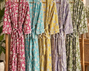Hand Block Print Cotton Kimono Robe - Pink Floral Dressing Gown, Bridesmaid Gift, Summer Nightwear
