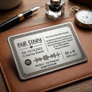 Puede incluir: Una tarjeta de metal plateado con las palabras "Our Story" y "Est. 10.14.2023". La tarjeta incluye un código de Spotify, el título de la canción "Perfect - Ed Sheeran" y el texto "Scan to Play". La tarjeta también tiene el texto "You are my favorite thought...Always & Forever."