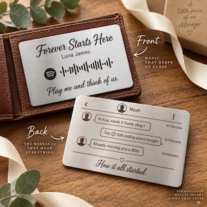 Personalised First Message, Spotify code, Map Engraved Chat Screenshot, Metal Wallet Insert, Anniversary Gift for Him