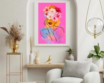 Lámina de mujer con arte floral: Decoración de pared minimalista bohemia (descarga digital)