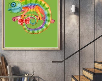 Buntes Chamäleon Wand Kunst | Lebendige Reptil Digital Druck | Dschungel Tier Wohnkultur