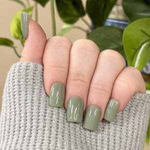 May include: A set of short, square-shaped press-on nails with a smooth, glossy sage green finish. The nails are applied to the fingers, showcasing a uniform, solid color application that covers the entire nail bed with a clean, rounded edge.