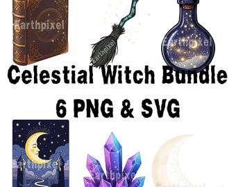 Celestial Witch Clipart Bundle: Mystical Halloween PNG & SVG Designs (Digital Download