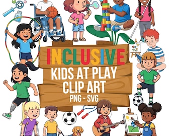 Inclusive Kids at Play Clipart | Diverse Children & Activities | Disability Representation | PNG + SVG Digital Bundle