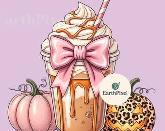 Pumpkin Spice Clipart: Pink Bow Iced Coffee, Leopard Pumpkins (PNG Digital Download