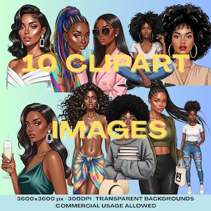 Black Woman Clipart Bundle | 10 Afrocentric PNG Illustrations | Melanin Digital Art for Planners, Stickers, Branding, Crafts