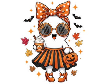 May include: A cartoon ghost character wearing sunglasses, a polka dot bow, and an orange and black striped skirt. The ghost is holding a pumpkin spice latte and a jack-o'-lantern bag, surrounded by fall leaves and bats. The image has the text "PNG FILE 300DPI" and "Digital Download".