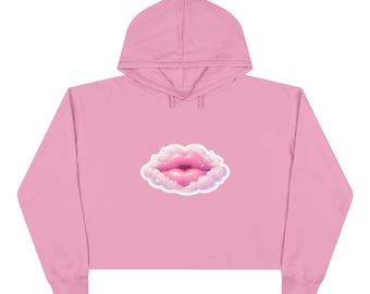 Pink Cloud Lips Crop Hoodie | Cute Pastel Graphic, Minimal Back Script
