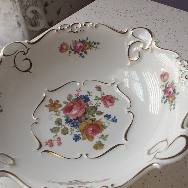 vintage JRJS Romania porcelain bowl, antique 1950's shabby chic cottage decor, Easter dinner, pink roses bowl