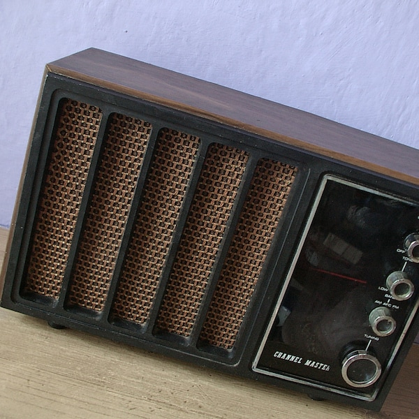 Vintage 1960's Panasonic Channel Master transistor radio, Mid Century bar game room decor, retro table top wood radio, man cave decor