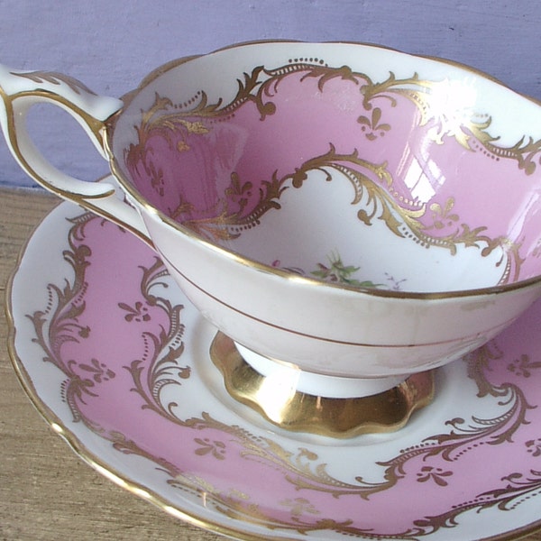 vintage pink tea cup and saucer set, Royal Stafford bone china tea cup, English tea set, pink and gold tea cup, RESERVED 4 nigel