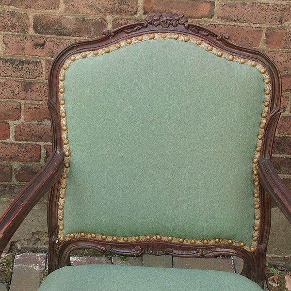 antique furniture French Provincial arm chair, shabby chic dining room, green naugahyde leather, bedroom, captains, RESERVED 4 renita