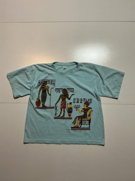 Vintage 1991 If Fashion Egyptian Hieroglyphics Blue Crop Graphic Made In USA T-Shirt