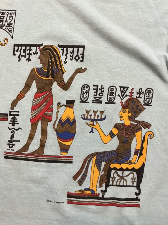 Vintage 1991 If Fashion Egyptian Hieroglyphics Blue Crop Graphic Made In USA T-Shirt View 5