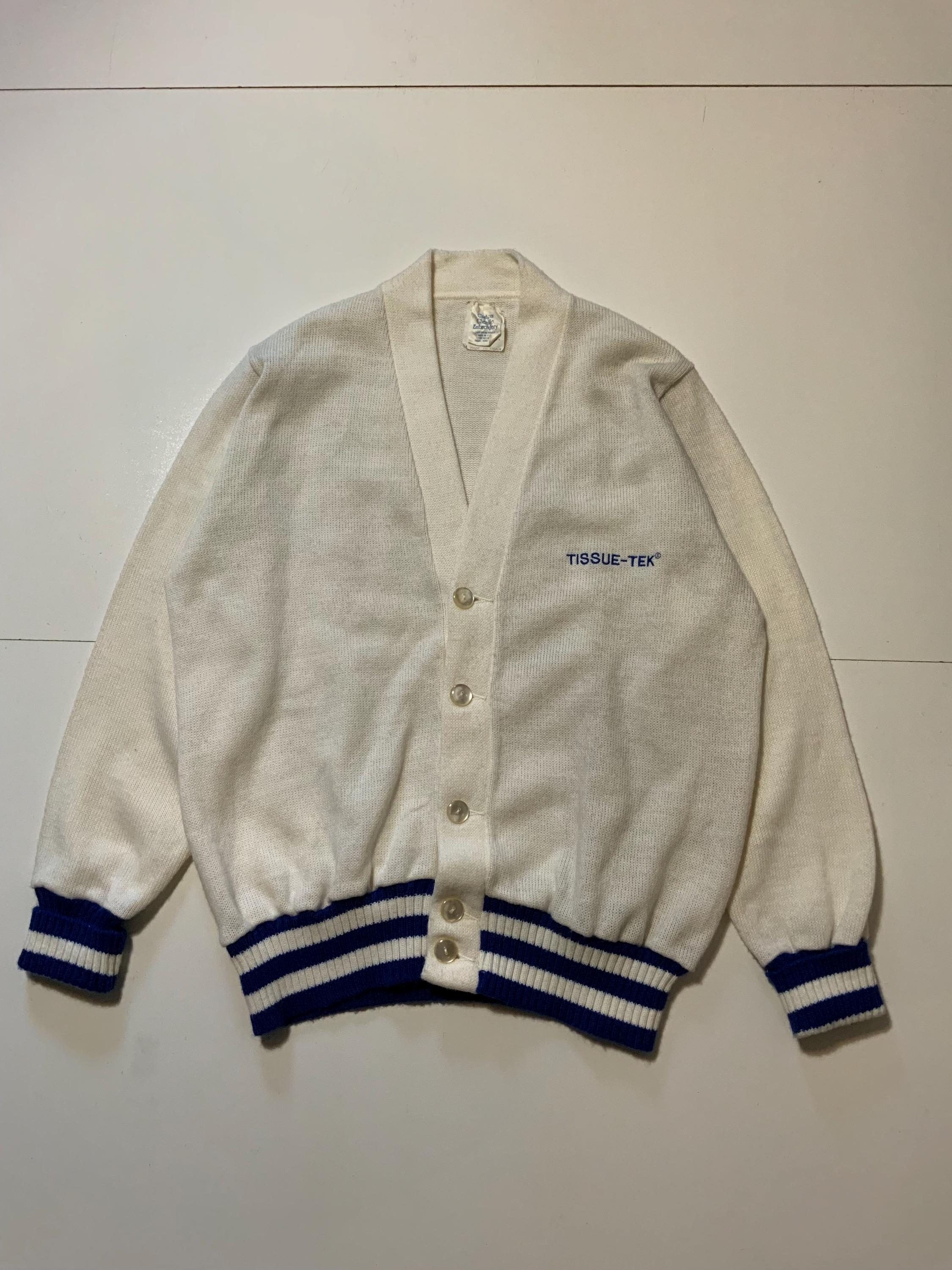 Vintage 70s 80s Tissue-Tek Lab Acrylic Knit Custom Chenille Embroidery Shop Dallas Stripe White/Blue Cardigan Sweater