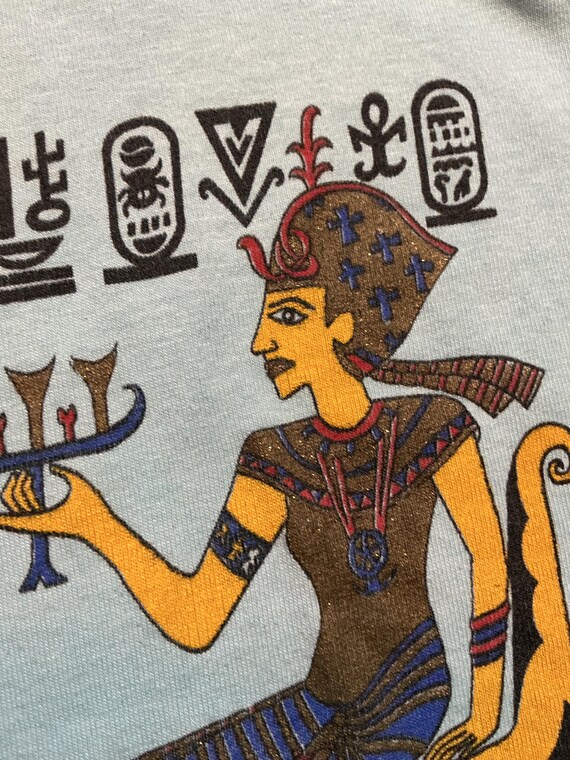 Vintage 1991 If Fashion Egyptian Hieroglyphics Blue Crop Graphic Made In USA T-Shirt View 4