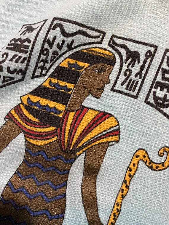 Vintage 1991 If Fashion Egyptian Hieroglyphics Blue Crop Graphic Made In USA T-Shirt View 6