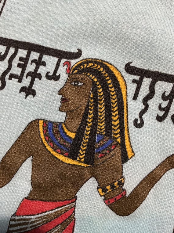 Vintage 1991 If Fashion Egyptian Hieroglyphics Blue Crop Graphic Made In USA T-Shirt View 3