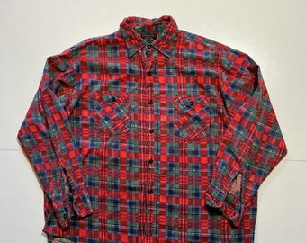 Vintage 70s 80s JCPenney Plaid Printed 100% Cotton L/S Flannel Button Shirt. Size XL