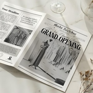 May include: A newspaper with the headline "Your Headline" and the text "It's not just fabric, it's a feeling, it's not just a trend, it's a transformation." The newspaper also has the text "Mode ArchJue GRAND OPENING". A glass of champagne sits nearby.