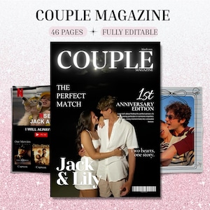 Può includere: Una copertina di rivista con il titolo "COUPLE MAGAZINE" e il testo "THE PERFECT MATCH." La copertina presenta una coppia che si abbraccia, con il testo "Jack & Lily." Il testo aggiuntivo include "1st ANNIVERSARY EDITION" e "46 PAGES FULLY EDITABLE."
