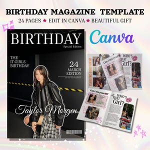 以下が含まれることがあります： 「BIRTHDAY」と「24 MARCH EDITION」のテキストが入った雑誌テンプレート。表紙には黒い革のジャケットとチェックのスカートを着た女性が写っています。「Edit in Canva」の文字も確認できます。追加のページも表示されています。
