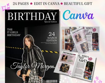 May include: A magazine template with the text "BIRTHDAY" and "24 MARCH EDITION". The cover features a woman in a black leather jacket and plaid skirt. The text "Edit in Canva" is also visible. Additional pages are displayed.
