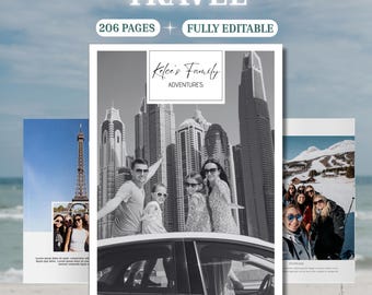Plantilla de álbum de fotos de viaje, álbum de vacaciones editable en Canva, recuerdo para la mesa de centro.