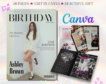 Plantilla de revista de cumpleaños, regalo de 21 años, revista editable de Canva, recuerdo digital personalizado de cumpleaños, diseño de revista personalizado