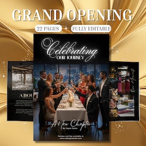 Può includere: Immagine promozionale con sfondo dorato e le parole "GRAND OPENING". L'immagine presenta una copertina di libro con il testo "Celebrating Our Journey" e "A New Chapter". L'immagine include anche una foto di persone che brindano a tavola.