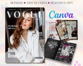 Vogue Birthday Magazine Template, Editable Canva Zine, Personalized Digital Gift, Printable Keepsake
