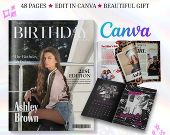 Plantilla editable de Canva para revista de cumpleaños, regalo digital personalizado, recuerdo a medida, descarga instantánea.
