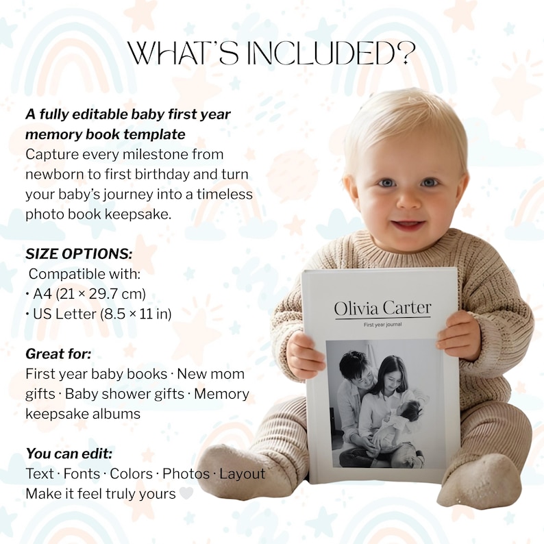 Baby First Year Book Template, Editable Canva Memory Album, Milestone ...