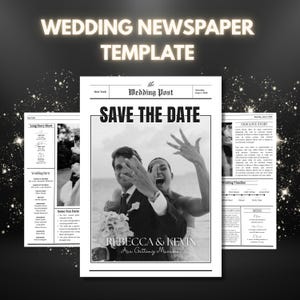 May include: A black and white wedding newspaper template with the headline "Wedding Newspaper Template". The main page says "Save the Date" with a photo of a couple. Other pages include wedding details and a menu.