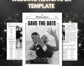 Plantilla de Canva para periódico de bodas, programa de boda editable y plegado, con reserva de fecha, diseño moderno imprimible.