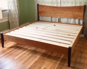 CURLY CHERRY & WALNUT  |  Platform Bed Frame  |  Curved Headboard  |  Solid Hardwoods  |  Shipping Included  |  Slats Optional