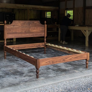 SHAPED HEADBOARD LIBBY  |  Platform Bed Frame  |  Walnut Hardwoods  |  Turned Legs With Acorn Tops  |  22" Headboard  |  Slats Optional