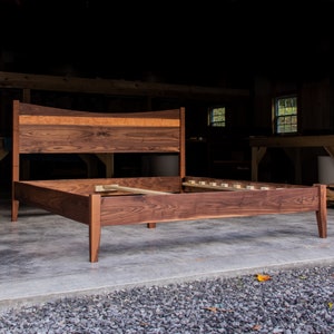 WALNUT RIBBON STRIPE  |  Platform Bed Frame  |  Curved Headboard  |  Solid Walnut and Curly Cherry Hardwoods  |  Slats Optional