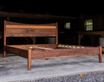 WALNUT RIBBON STRIPE  |  Platform Bed Frame  |  Curved Headboard  |  Solid Walnut and Curly Cherry Hardwoods  |  Slats Optional