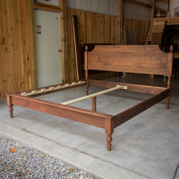LIBBY CAPPED FOOTBOARD  |  Shaped 22" Headboard  |  Walnut Hardwood Bed Frame  |  Turned Legs With Acorn Tops  |  Slats Optional
