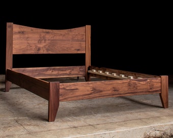 WALNUT SIMPLE BED  |  Platform Bed Frame  |  Curved Headboard  |  Solid Walnut Hardwoods  |  Slats Optional