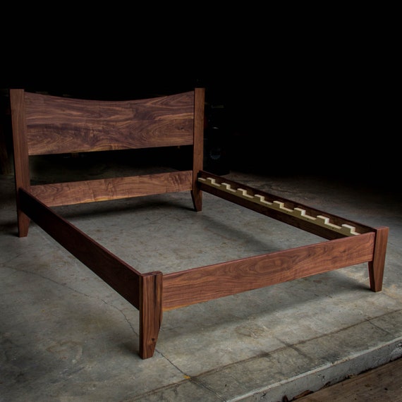 Walnut Simple Bed Platform Frame, Curved Headboard Bed Wood