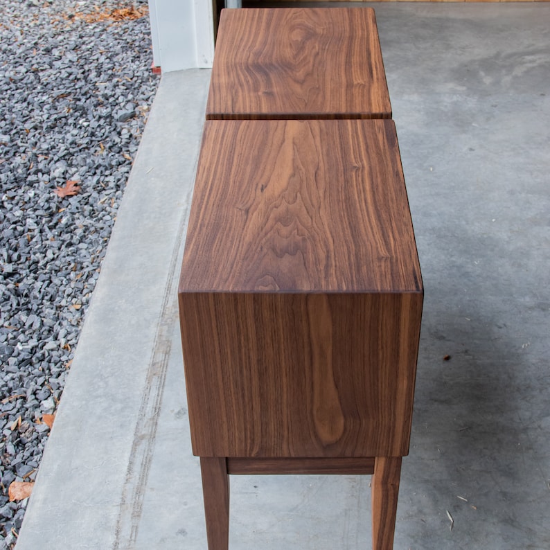 MITERED BOX NIGHTSTAND Modern 5 & 5 Style Walnut Hardwoods w/ Ambrosia Maple Back Single Drawer Tapered Legs 18W x 12D 画像 3