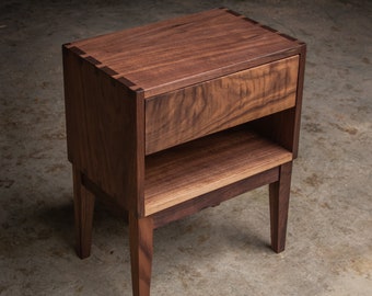 MODERN DOVETAIL NIGHTSTAND  |  5 & 5 Style  |  Solid Walnut Hardwoods  |  Single Drawer  |  Tapered Legs  |  18"W x 12"D