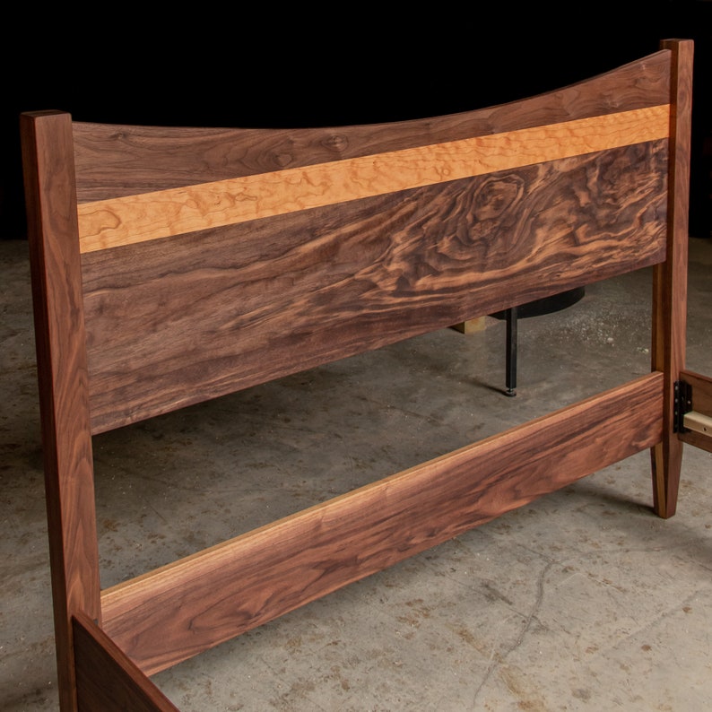WALNUT RIBBON STRIPE | Platform Bed Frame | Curved Headboard | Solid Walnut and Curly Cherry Hardwoods | Slats Optional image 6