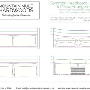 May include: Diagram showing common headboard heights and pillow arrangements for a queen-sized bed. The diagram shows different headboard heights, from 16 inches to 24 inches, and various pillow arrangements, including a queen pillow, a square pillow, and decorative pillows. The text "Pillow sizes vary" is included.